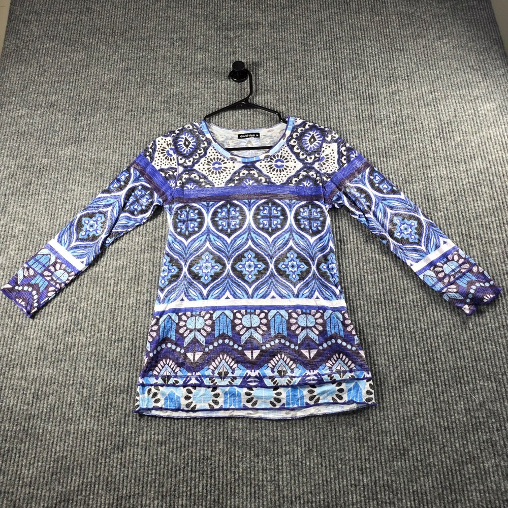 David Cline Womens Blue Purple Medallion Tile Print Ruffle Hem Top Medium